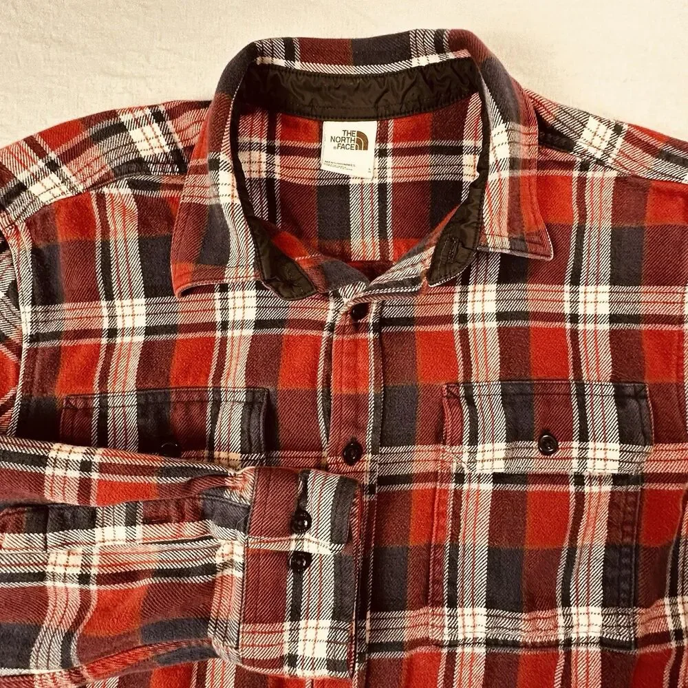 The North Face Plaid Flannel Shirt Men's Large Red Blue Plaid Cotton Button Up